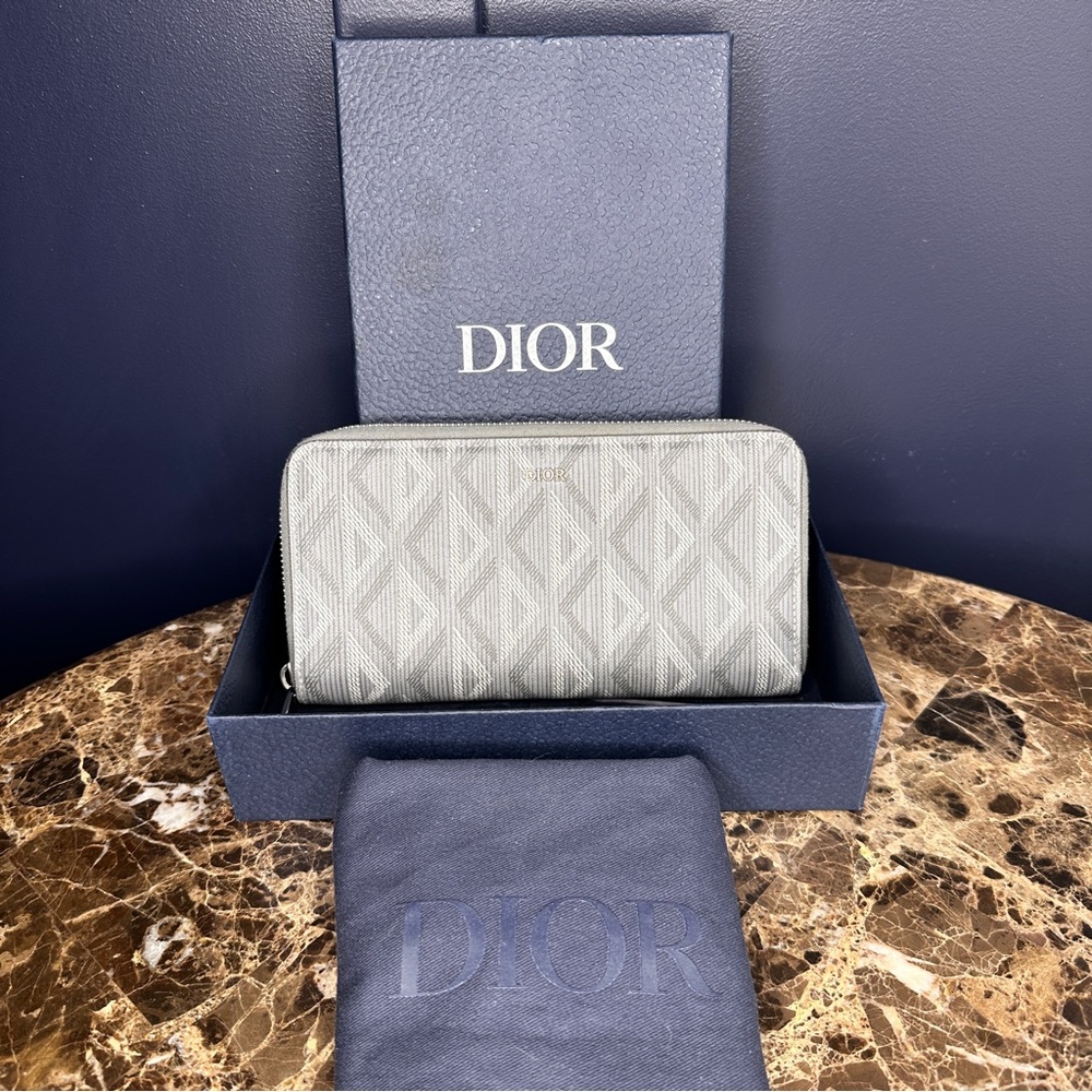 Christian Dior Long Zip Wallet With Box And Dust Bag Grey Monogram Diamond - Picture 2 of 11